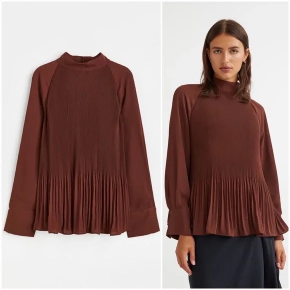 H&M Brown Pleated Long Sleeve Blouse
